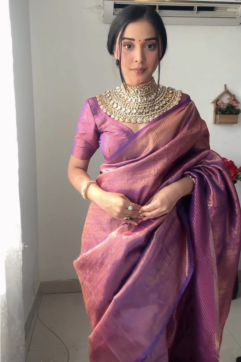 Elvani Violet Gold Banarasi Silk Saree