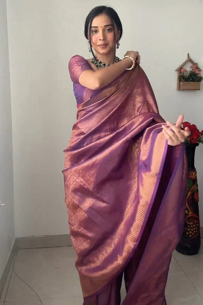 Elvani Violet Gold Banarasi Silk Saree
