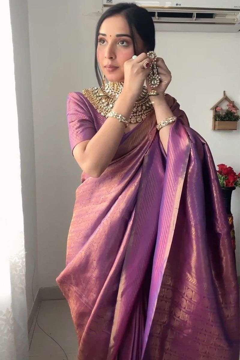 Elvani Violet Gold Banarasi Silk Saree