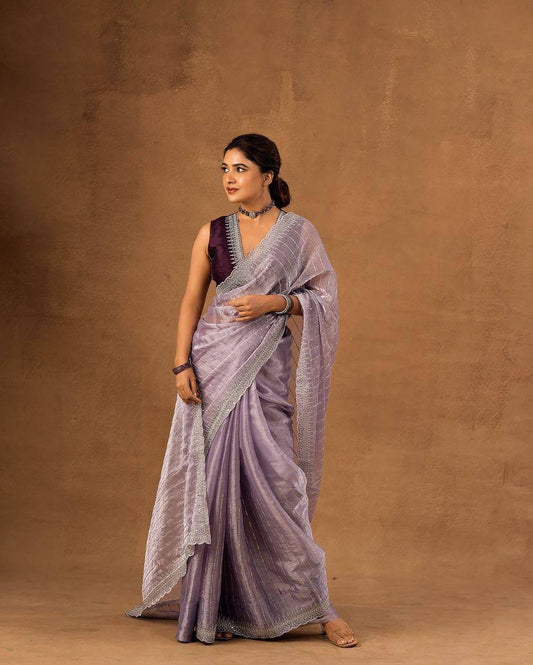 Dusty Lavender Designer Saree with Sequin Lines and Lace Border