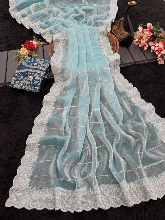 Dusty Blue Designer Saree with Sequin Lines and Lace Border