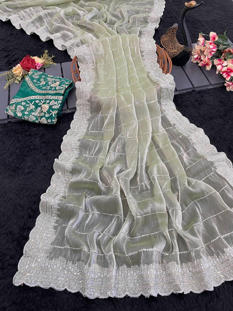 Dusty Green Designer Saree with Sequin Lines and Lace Border