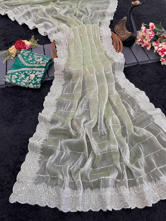 Dusty Green Designer Saree with Sequin Lines and Lace Border