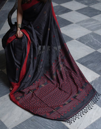 Charcoal Black Cotton Saree with Maroon Border & Subtle Motifs