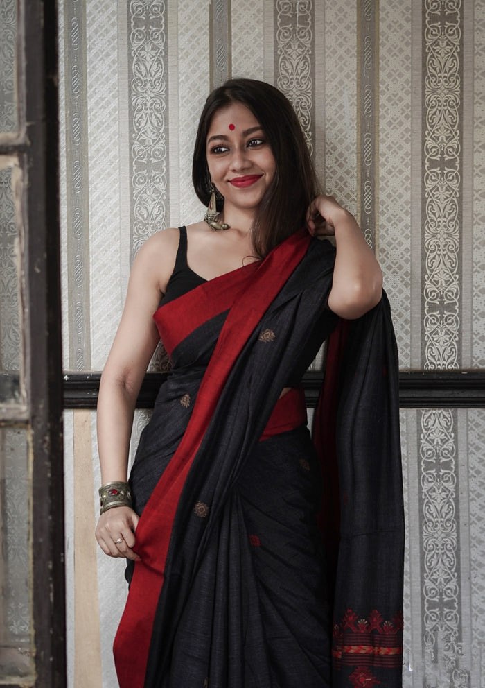 Charcoal Black Cotton Saree with Maroon Border & Subtle Motifs