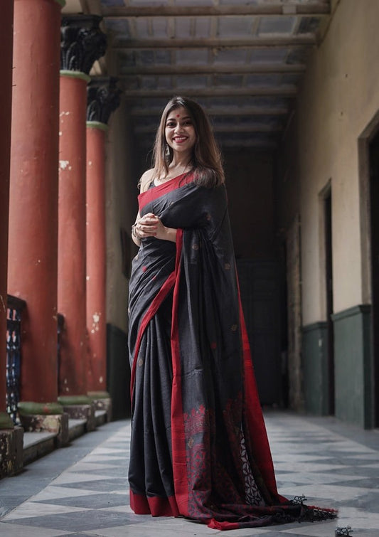 Charcoal Black Cotton Saree with Maroon Border & Subtle Motifs