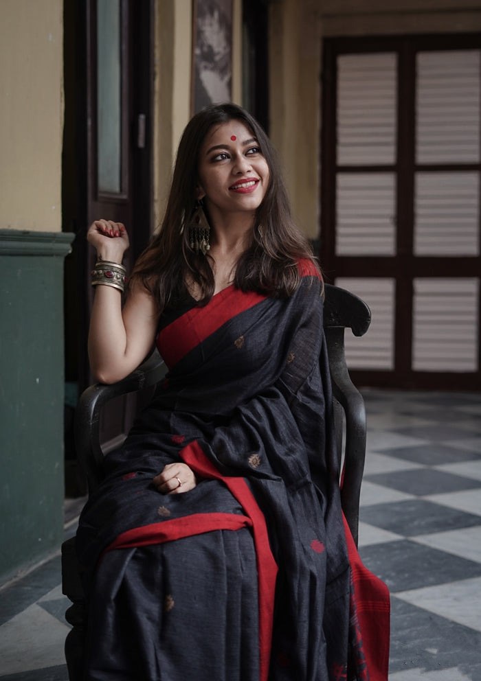 Charcoal Black Cotton Saree with Maroon Border & Subtle Motifs