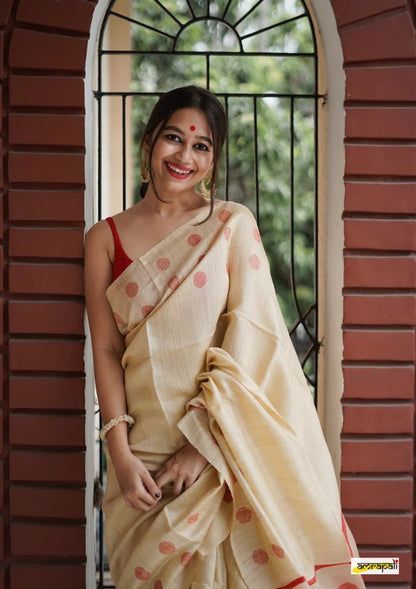 Cream Beige Cotton Saree with Red Polka Woven Accents