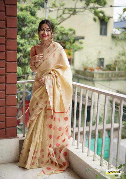 Cream Beige Cotton Saree with Red Polka Woven Accents