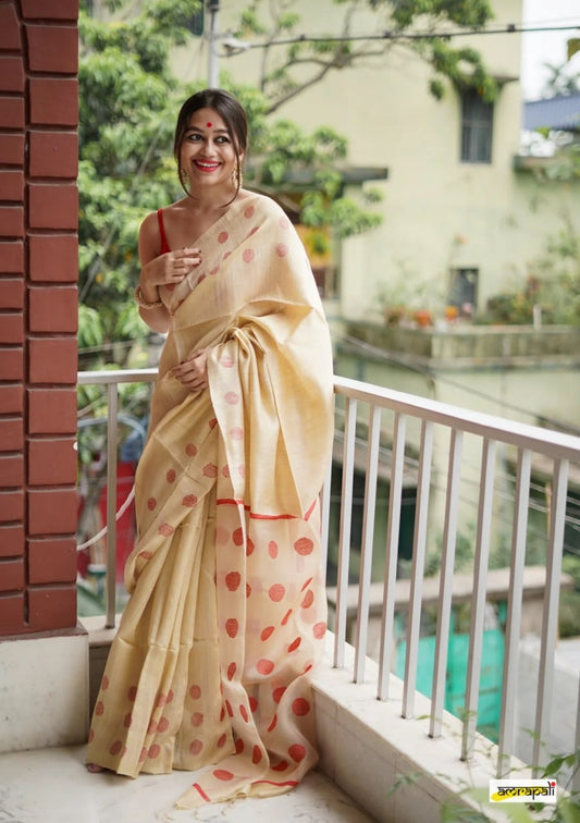 Cream Beige Cotton Saree with Red Polka Woven Accents