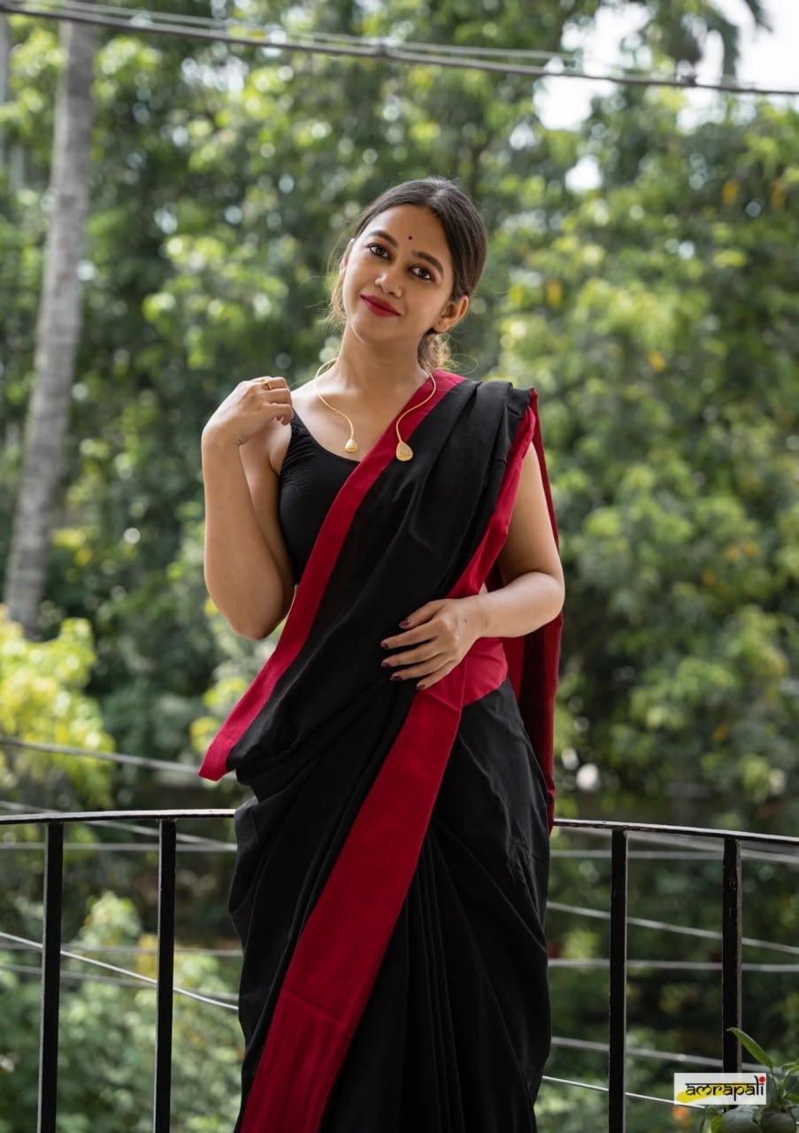 Charulata Black & Red Cotton Border Saree