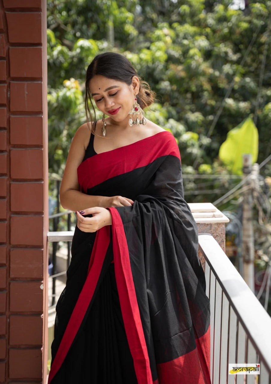 Charulata Black & Red Cotton Border Saree