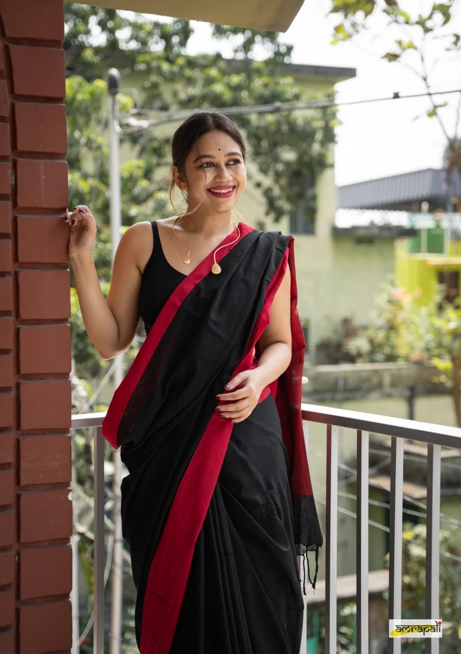 Charulata Black & Red Cotton Border Saree