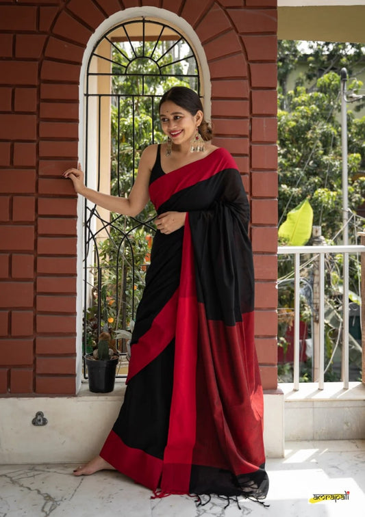 Charulata Black & Red Cotton Border Saree