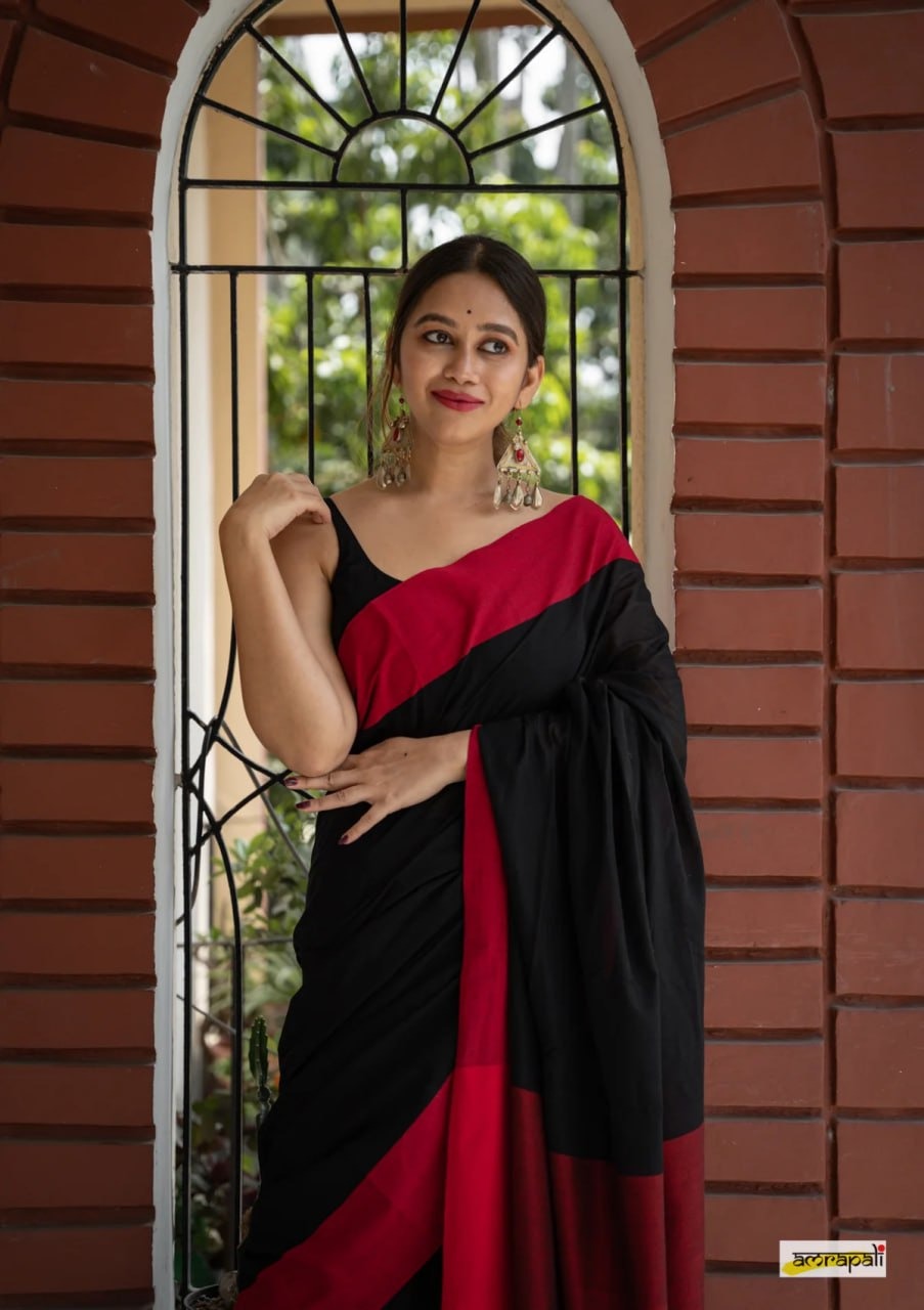 Charulata Black & Red Cotton Border Saree