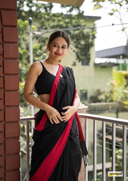 Charulata Black & Red Cotton Border Saree