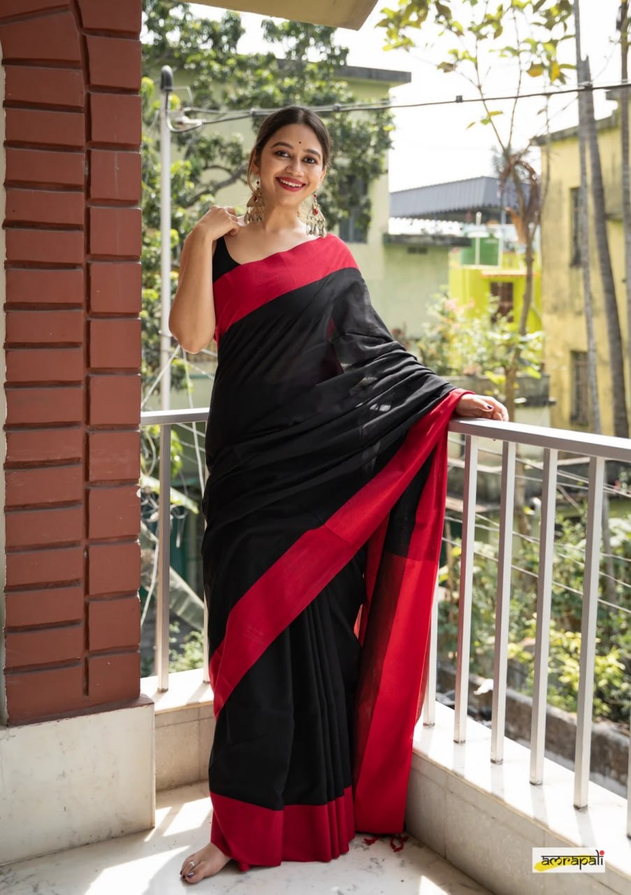 Charulata Black & Red Cotton Border Saree