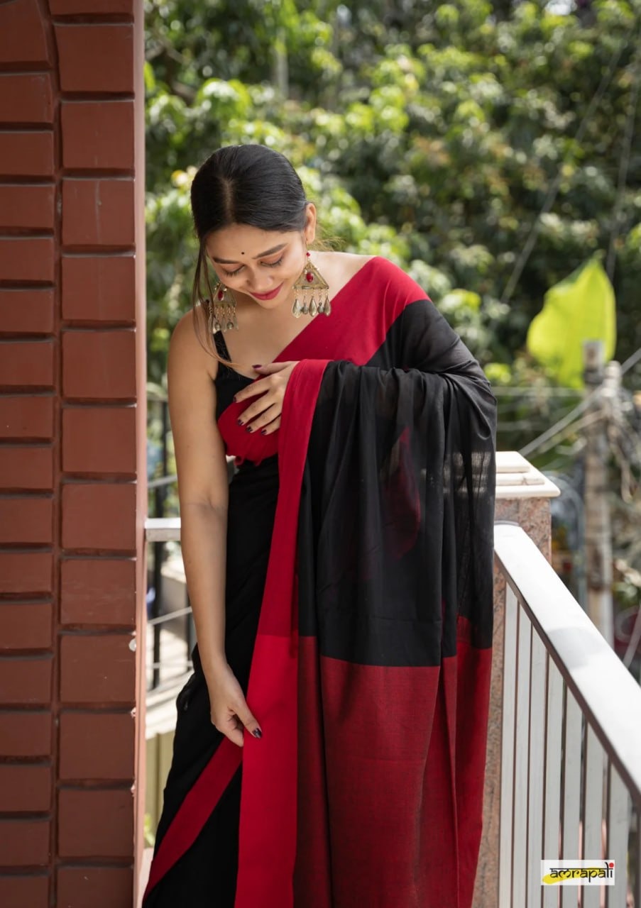 Charulata Black & Red Cotton Border Saree