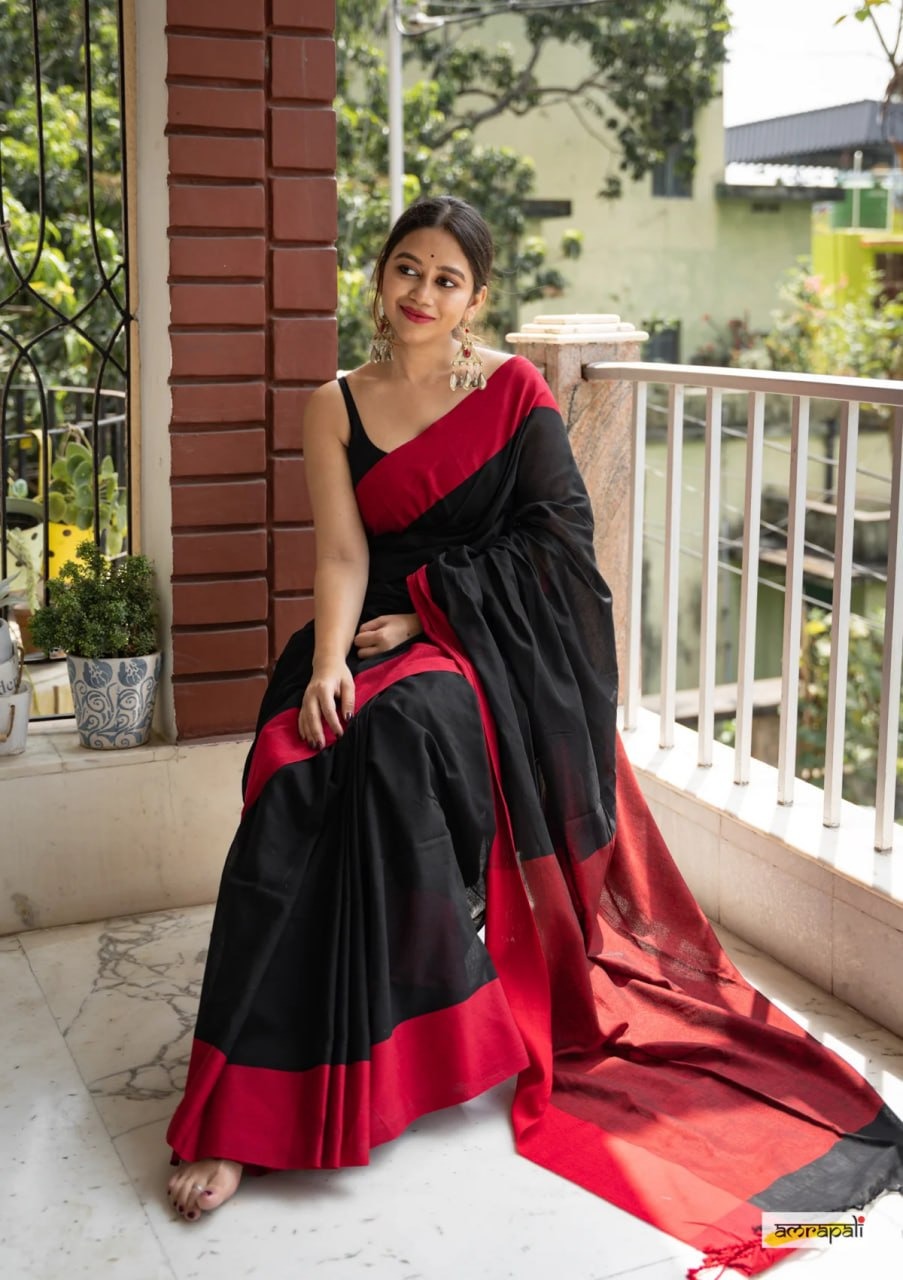 Charulata Black & Red Cotton Border Saree