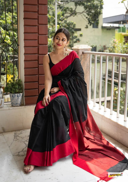 Charulata Black & Red Cotton Border Saree