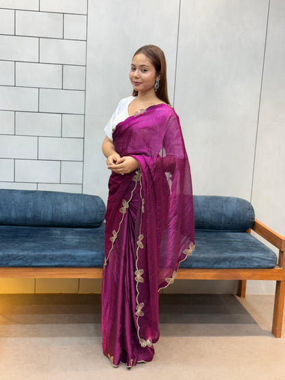 Aarvi Wine Purple Floral Embroidered Saree