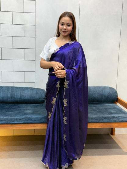 Aarvi Navy Blue Floral Embroidered Saree