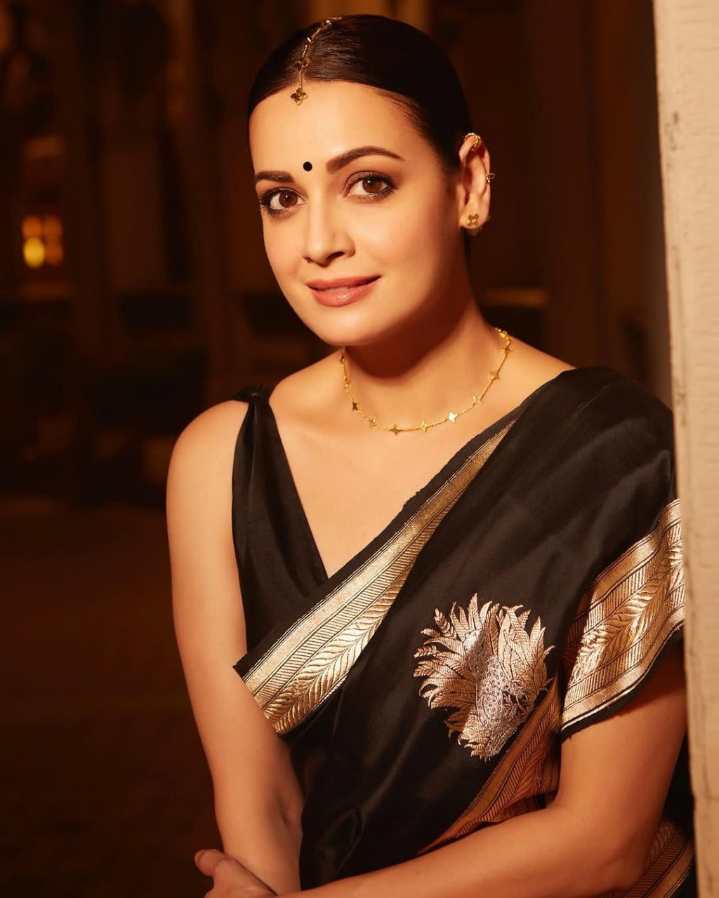 Mithila - Black Silk Saree with Golden Zari Butta and Broad Border