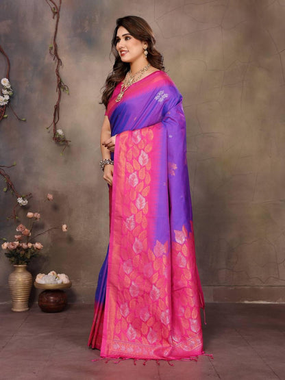 Sharvika Pink & Purple Banarasi Leaf Woven Silk Saree