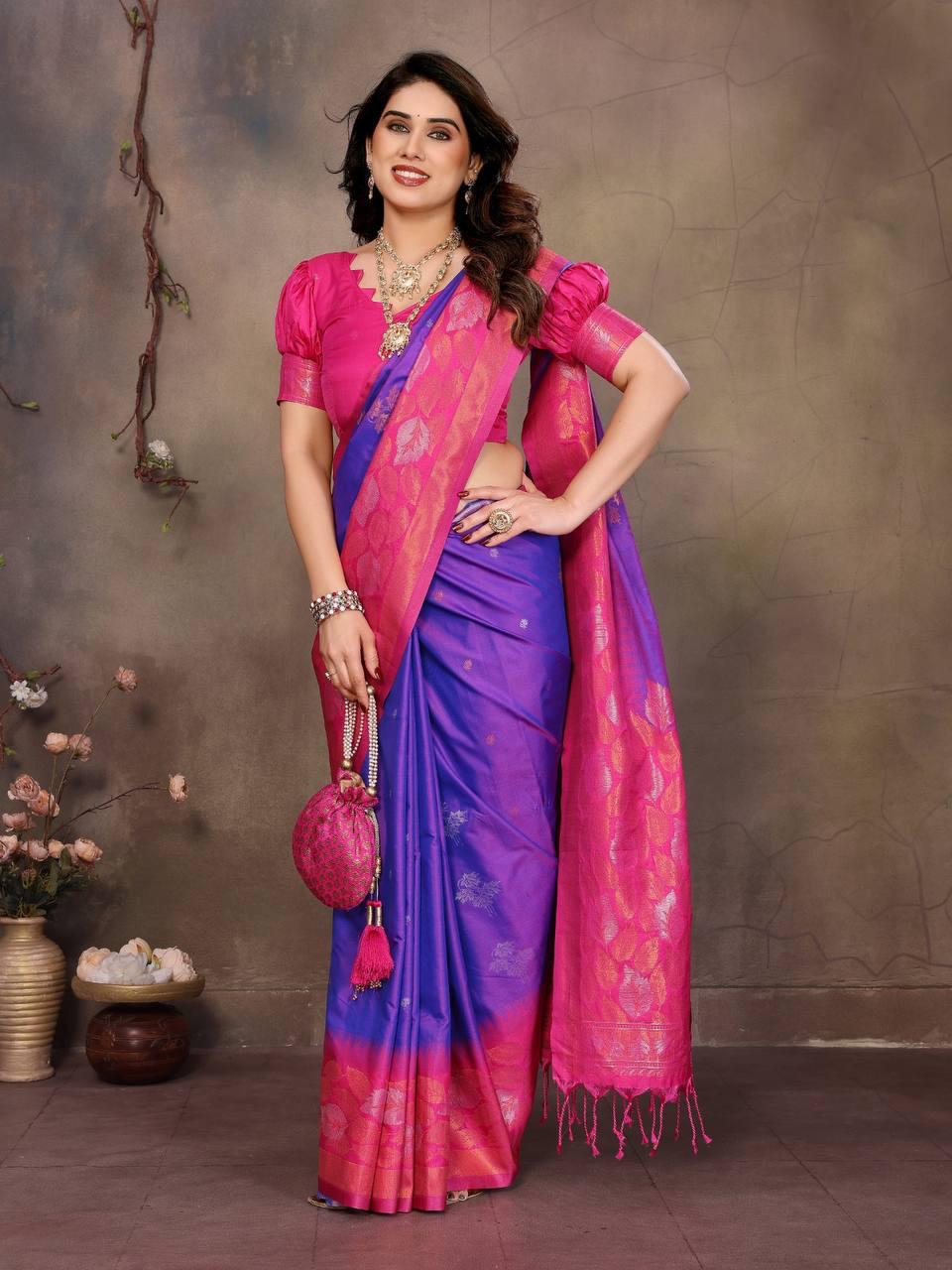 Sharvika Pink & Purple Banarasi Leaf Woven Silk Saree