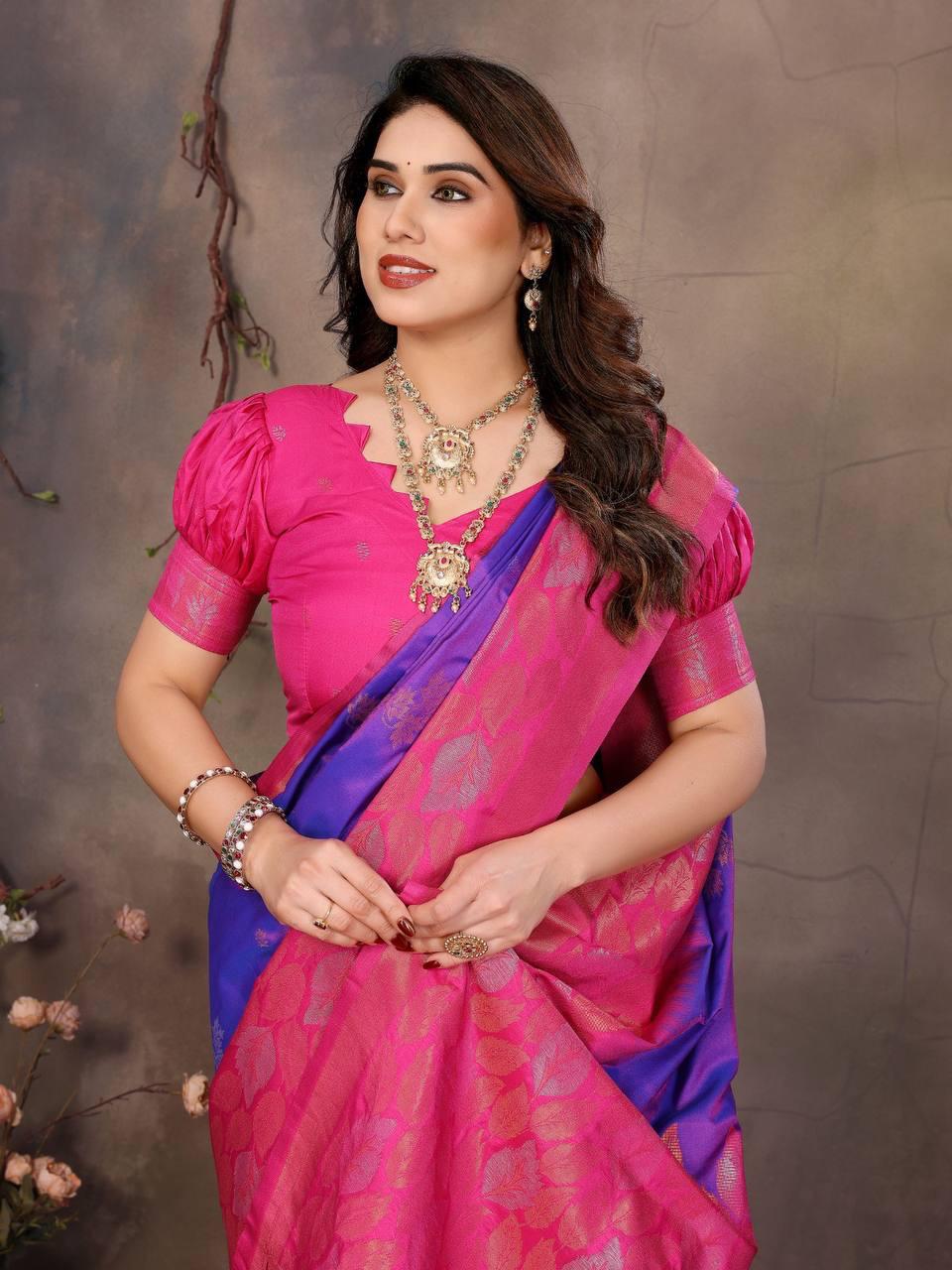 Sharvika Pink & Purple Banarasi Leaf Woven Silk Saree