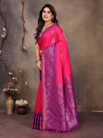 Sharvika Dark Pink & Purple Banarasi Leaf Woven Silk Saree