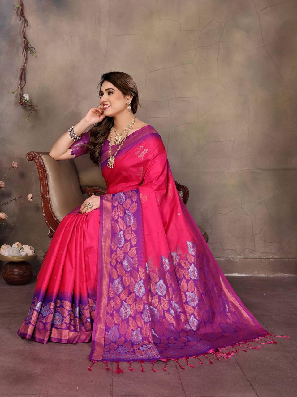 Sharvika Dark Pink & Purple Banarasi Leaf Woven Silk Saree