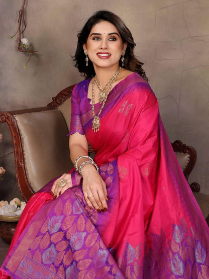 Sharvika Dark Pink & Purple Banarasi Leaf Woven Silk Saree