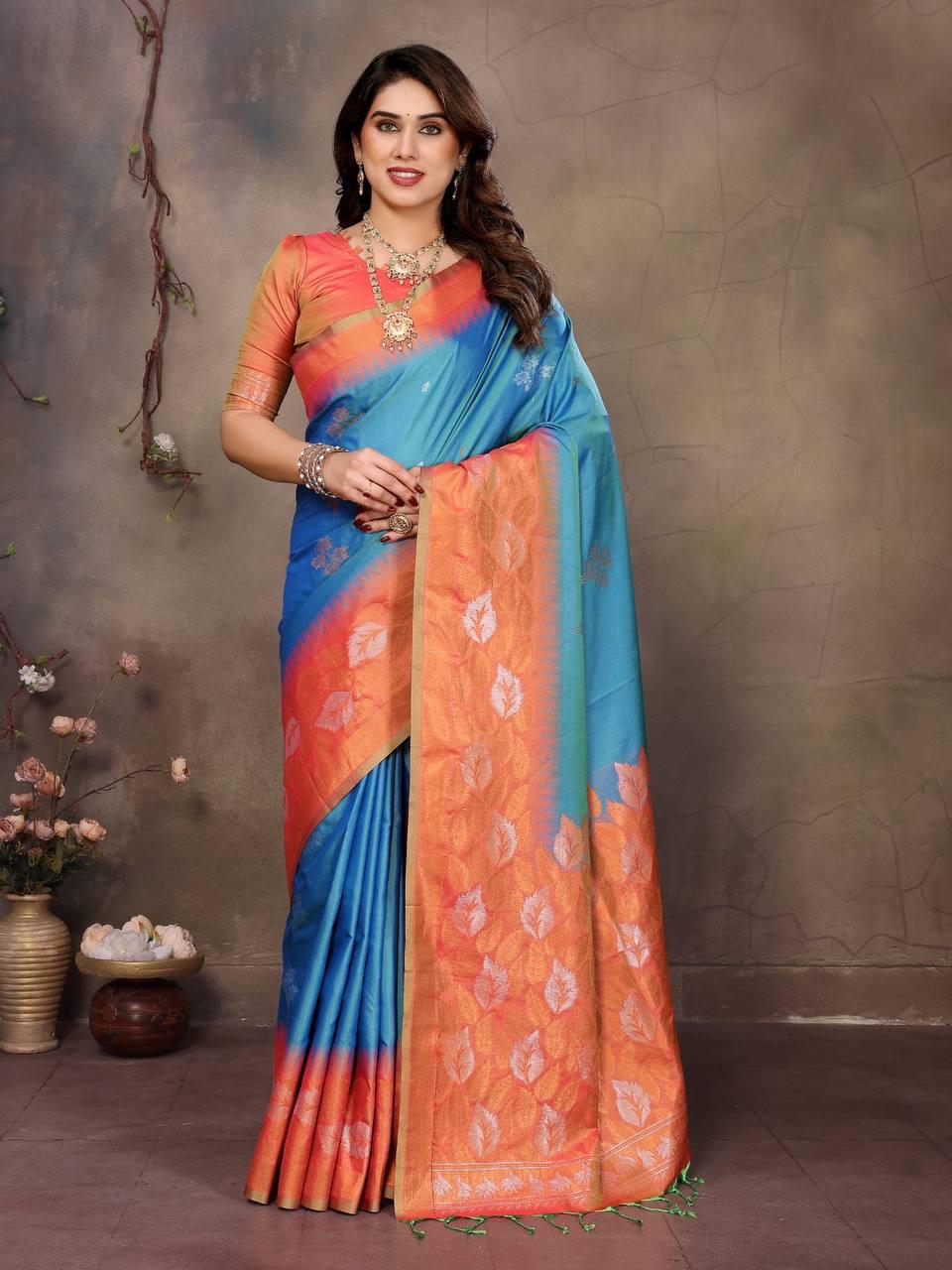 Sharvika Sky Blue & Orange Banarasi Leaf Woven Silk Saree