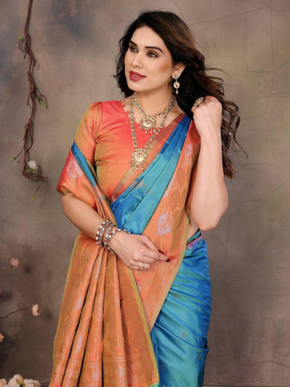 Sharvika Sky Blue & Orange Banarasi Leaf Woven Silk Saree