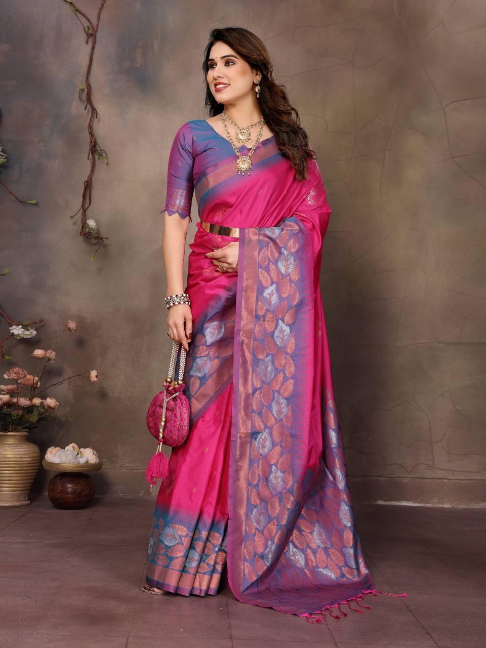 Sharvika Dark Pink & Purple Banarasi Leaf Woven Silk Saree