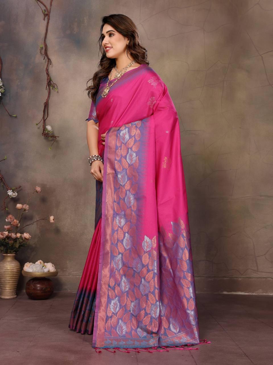 Sharvika Dark Pink & Purple Banarasi Leaf Woven Silk Saree