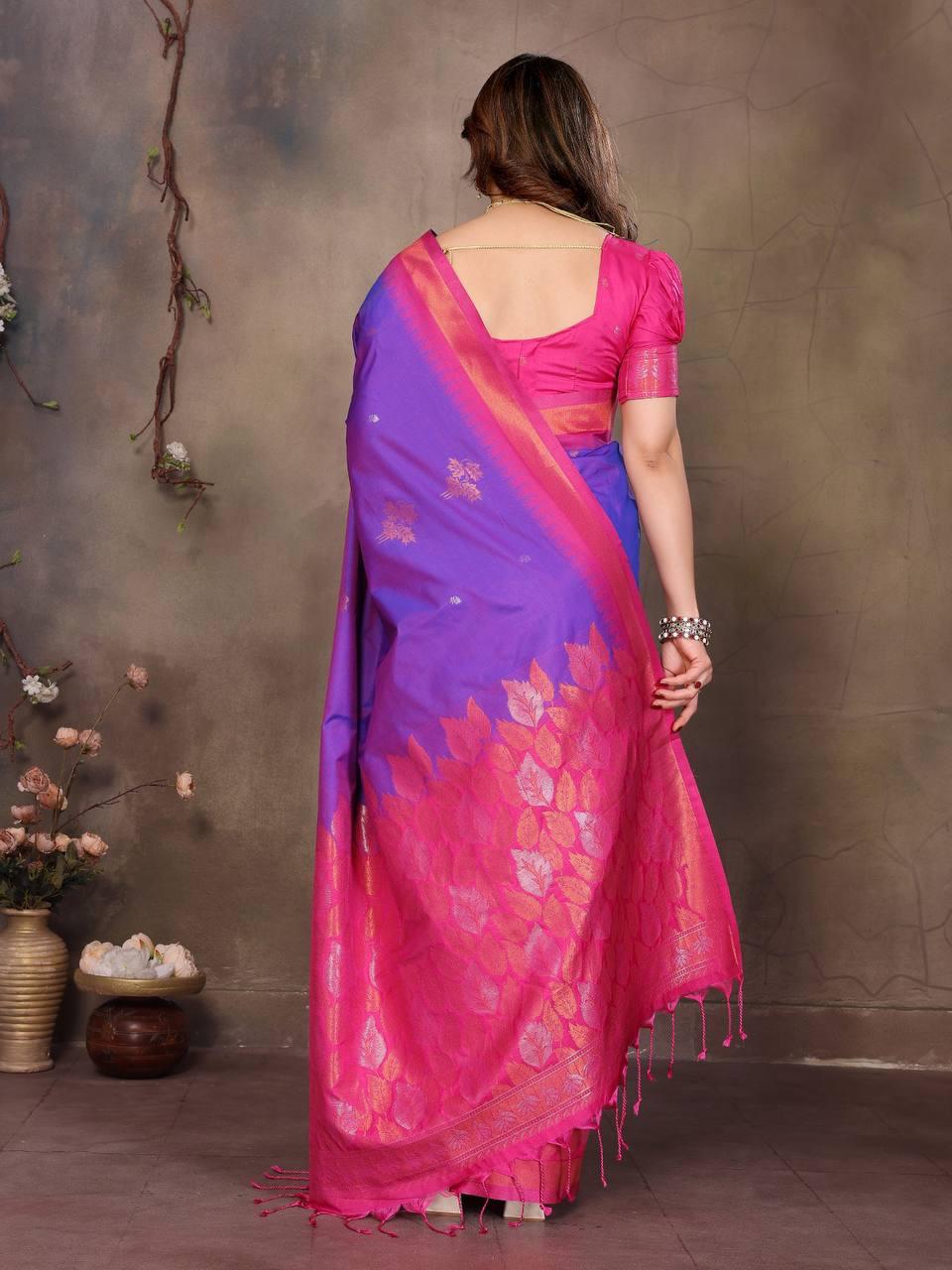 Sharvika Pink & Purple Banarasi Leaf Woven Silk Saree