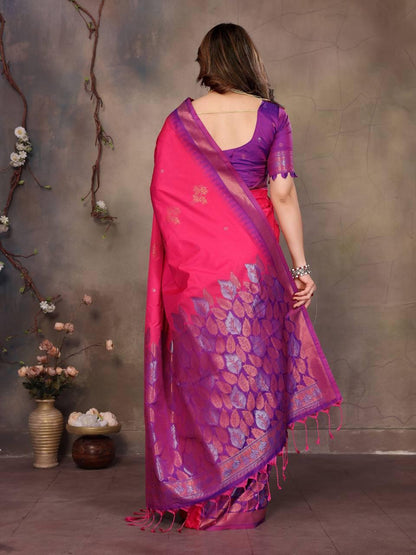 Sharvika Dark Pink & Purple Banarasi Leaf Woven Silk Saree