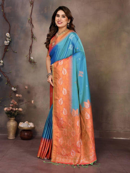 Sharvika Sky Blue & Orange Banarasi Leaf Woven Silk Saree