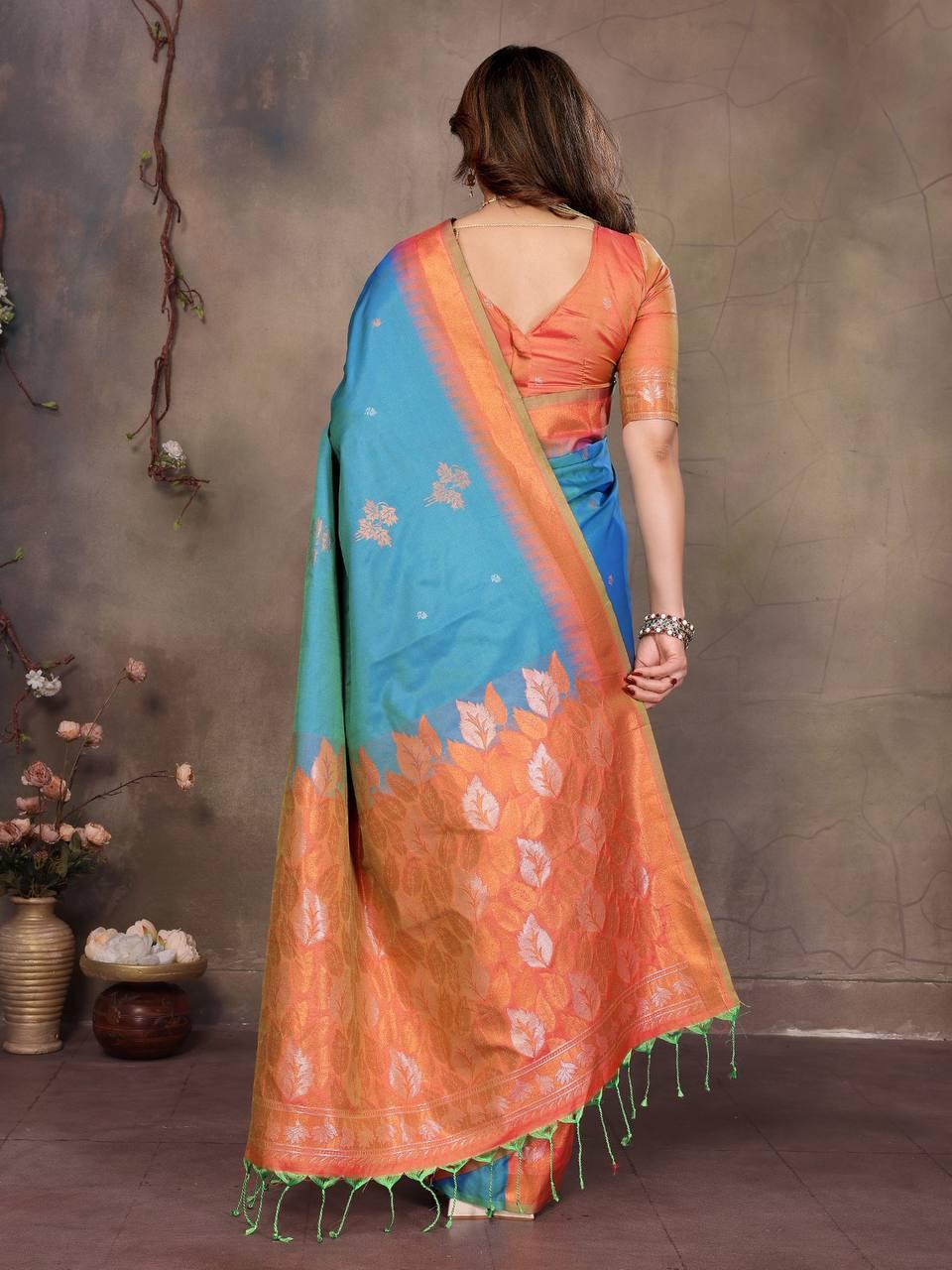 Sharvika Sky Blue & Orange Banarasi Leaf Woven Silk Saree