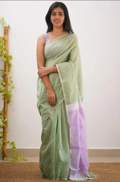Mireya Pastel Green Cotton Saree with Lavender Pallu
