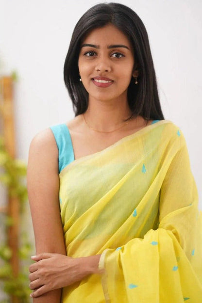 Mireya Yellow Cotton Saree with Sky Blue Pallu