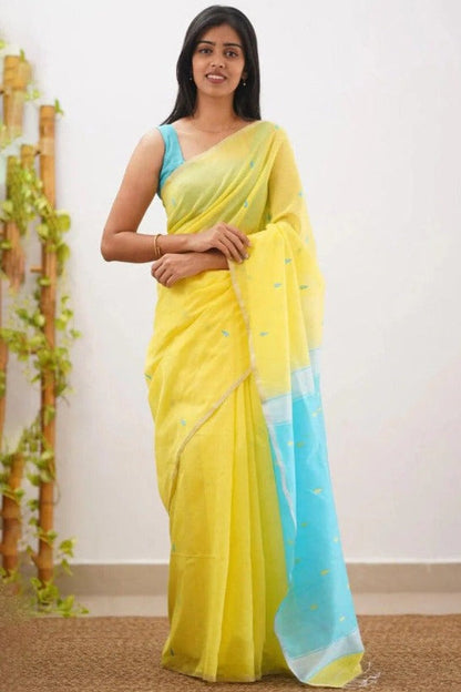 Mireya Yellow Cotton Saree with Sky Blue Pallu