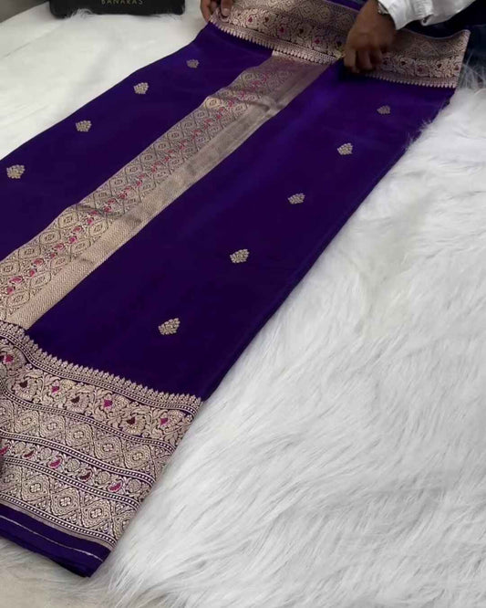 Yamuna – Dark Purple Banarasi Mashru Silk Saree with Kaduwa Buti and Gold Zari