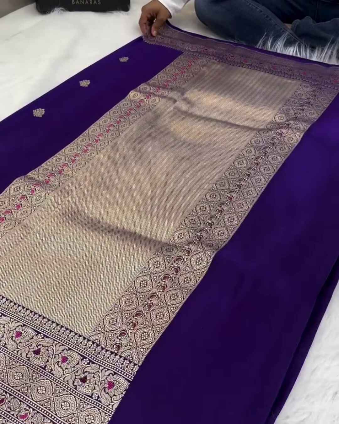 Yamuna – Dark Purple Banarasi Mashru Silk Saree with Kaduwa Buti and Gold Zari