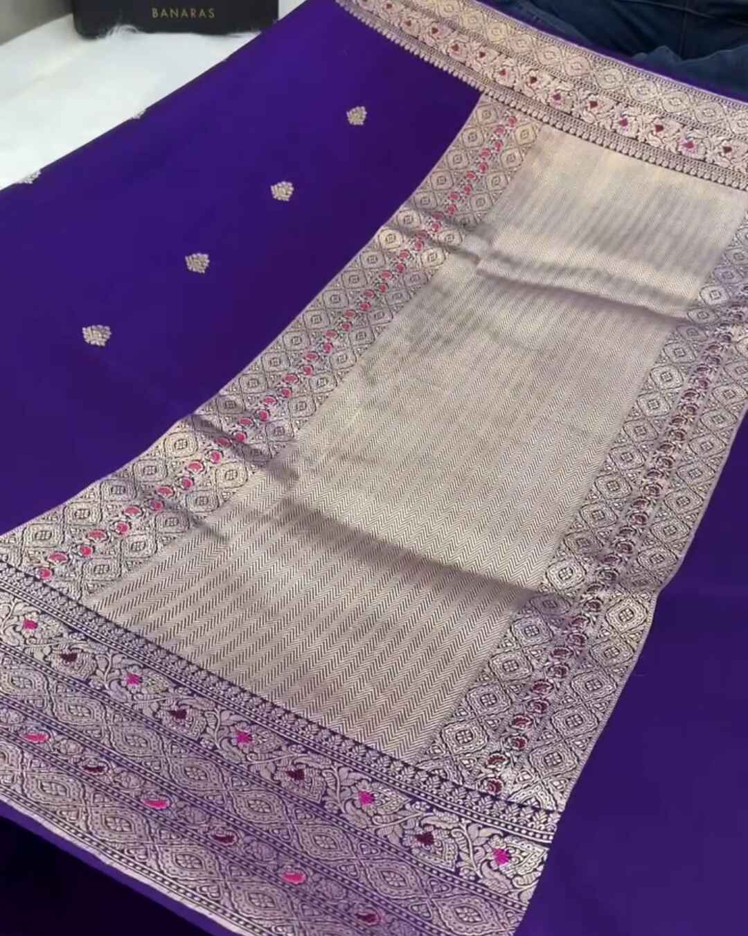 Yamuna – Dark Purple Banarasi Mashru Silk Saree with Kaduwa Buti and Gold Zari