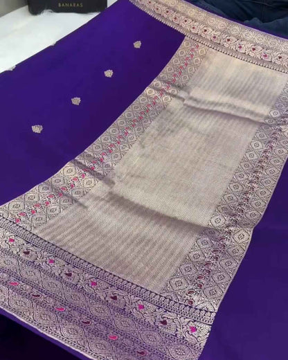 Yamuna – Dark Purple Banarasi Mashru Silk Saree with Kaduwa Buti and Gold Zari