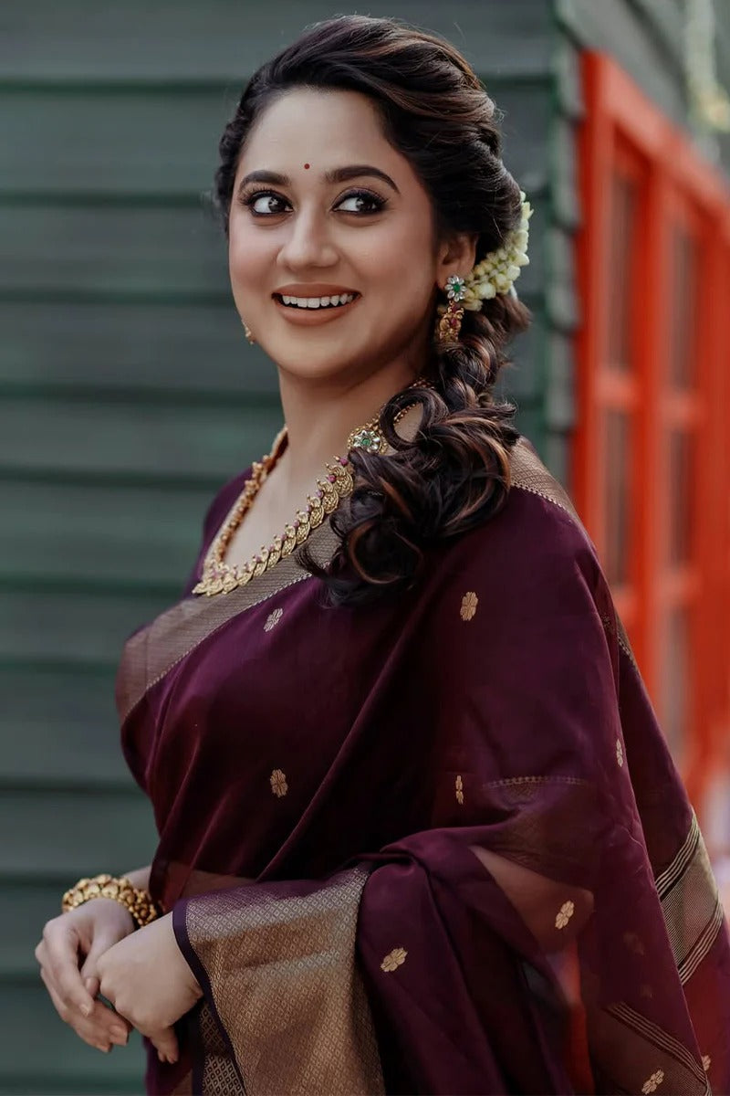 Bhavna - Wine Pure Linen Silk Saree with Jacquard Weaving