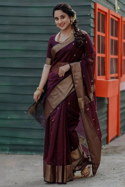Bhavna - Wine Pure Linen Silk Saree with Jacquard Weaving